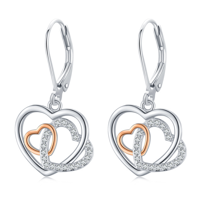 Sterling Silver Two-tone Cubic Zirconia Heart With Heart Lever-back Earrings for Women-1