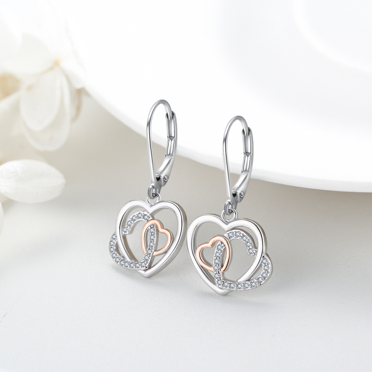 Pendientes de plata de ley con circonita cúbica de dos tonos y forma de corazón para mujer-4