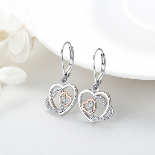 Sterling Silver Two-tone Cubic Zirconia Heart With Heart Lever-back Earrings for Women-4