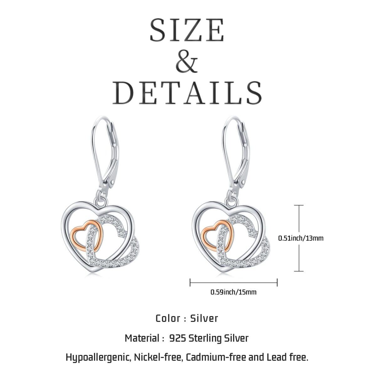 Sterling Silver Two-tone Cubic Zirconia Heart With Heart Lever-back Earrings for Women-5