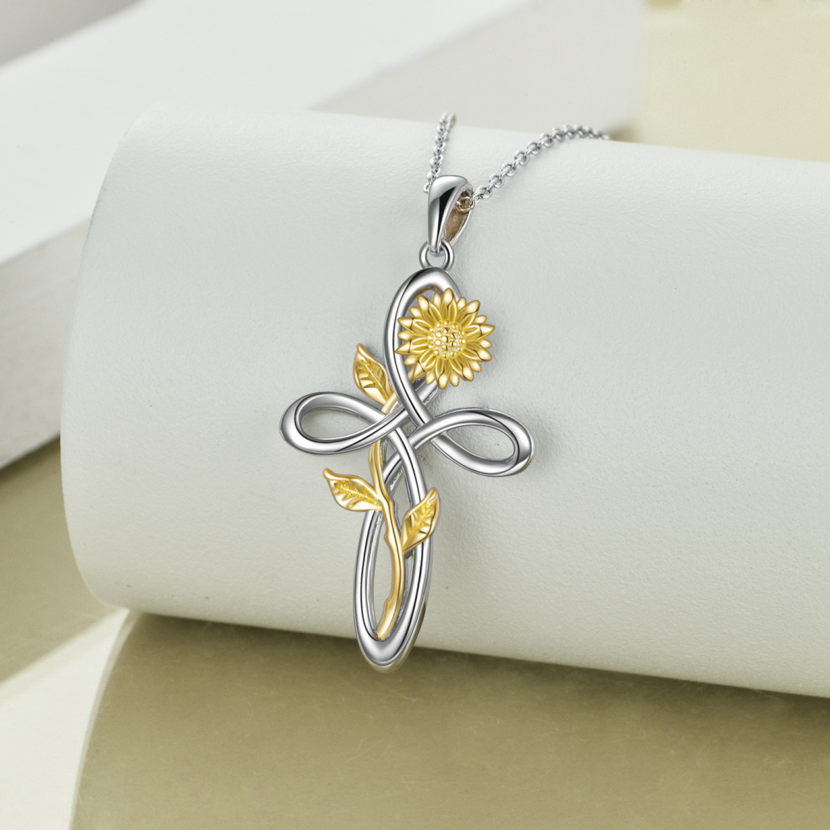 Sterling Silver Two-tone Heart Moissanite Sunflower & Celtic Knot Pendant Necklace-3