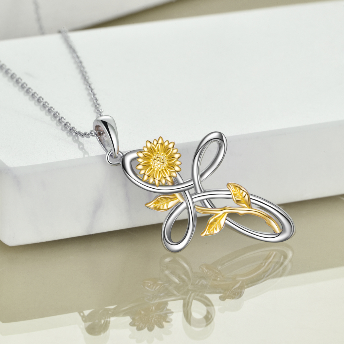 Sterling Silver Two-tone Heart Moissanite Sunflower & Celtic Knot Pendant Necklace-4