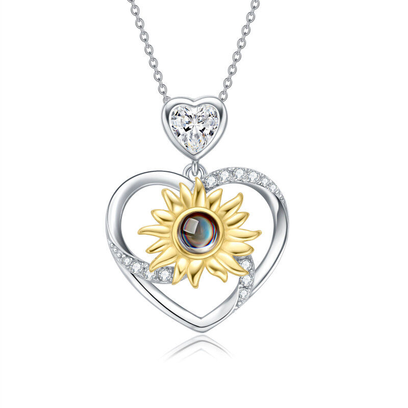 Sterling Silver Two-tone Heart Moissanite Sunflower Pendant Necklace