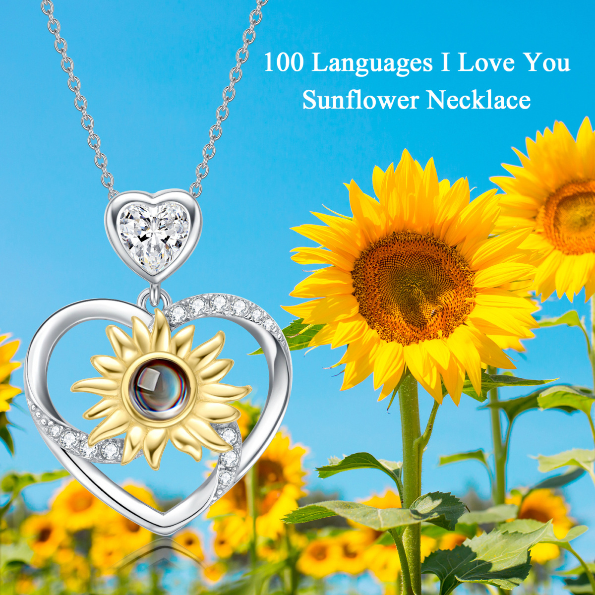 Sterling Silver Two-tone Heart Moissanite Sunflower Pendant Necklace-3