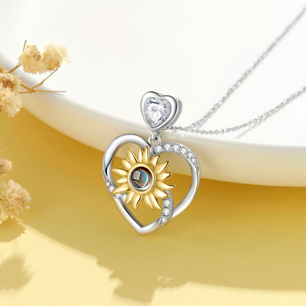 Sterling Silver Two-tone Heart Moissanite Sunflower Pendant Necklace-5