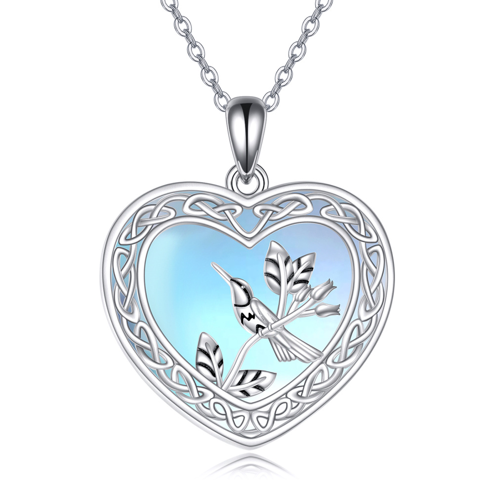 Collana da donna con ciondolo colibrì in pietra di luna a cuore bicolore in argento sterling-1