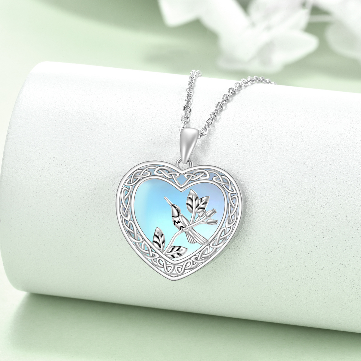 Sterling Silver Two-Tone Heart Moonstone Hummingbird Pendant Necklace For Women-3