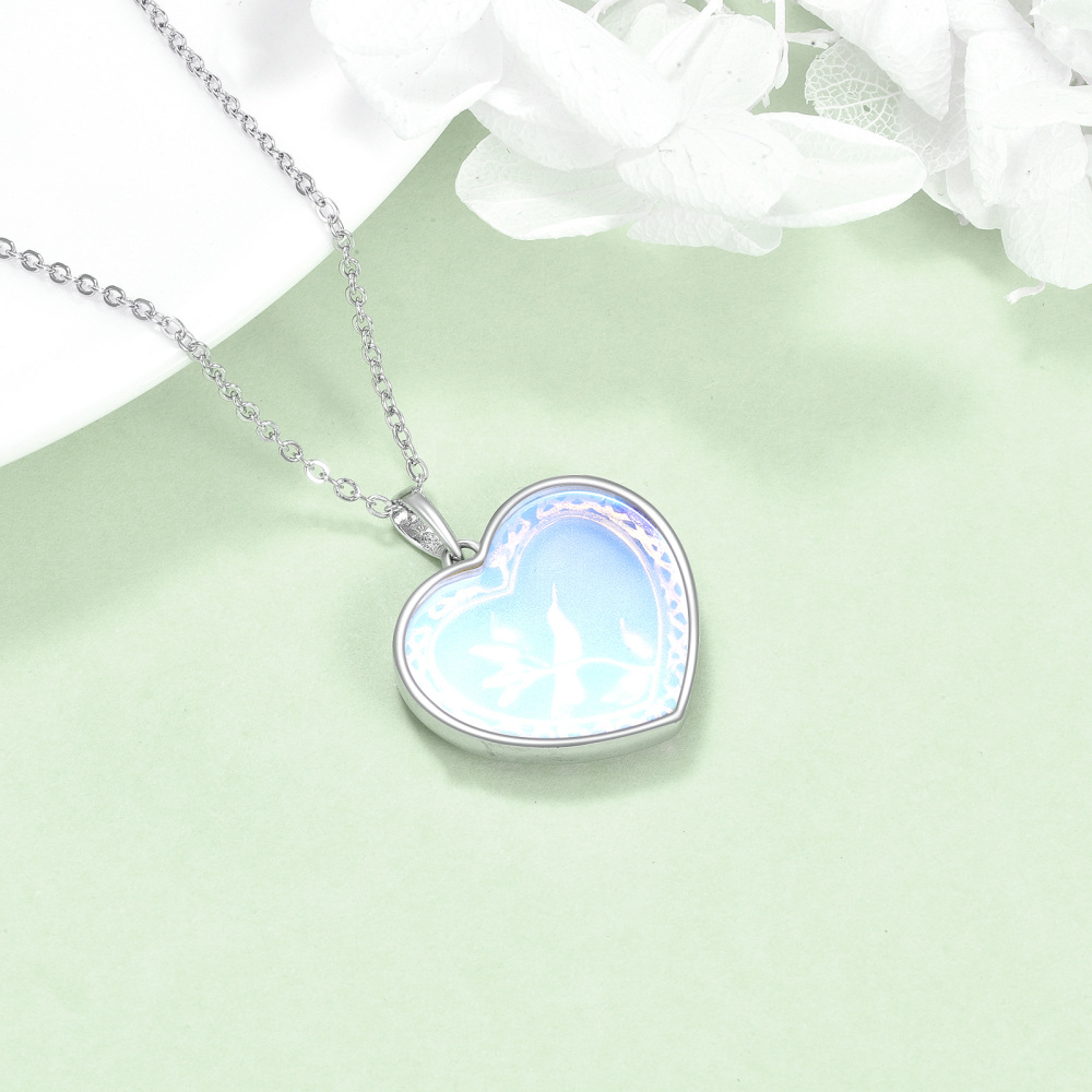 Collana da donna con ciondolo colibrì in pietra di luna a cuore bicolore in argento sterling-4