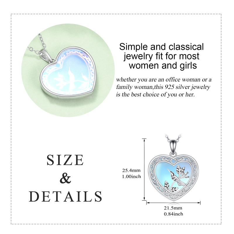 Colar com pingente de beija-flor de pedra lunar de coração em prata esterlina para mulheres-5