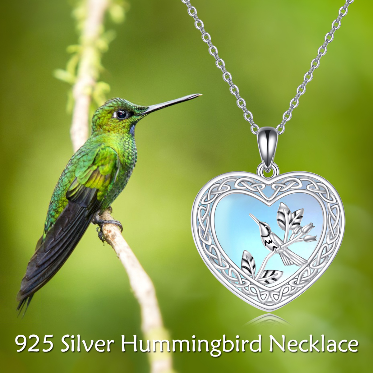 Sterling Silver Two-Tone Heart Moonstone Hummingbird Pendant Necklace For Women-6