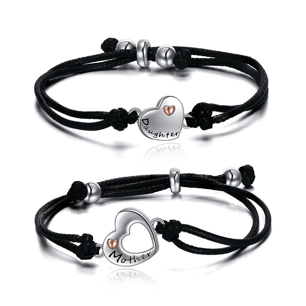 Sterling Silver Two-tone Heart Mother & Daughter Couple Charm Bracelet with Black Leather Chain-1