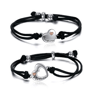 Sterling Silver Two-tone Heart Mother & Daughter Couple Pendant Bracelet with Black Leather Chain-21