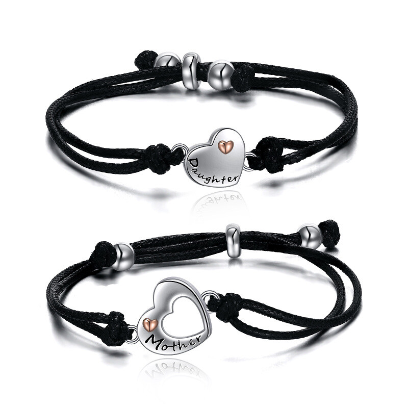 Sterling Silver Two-tone Heart Mother & Daughter Couple Charm Bracelet with Black Leather Chain