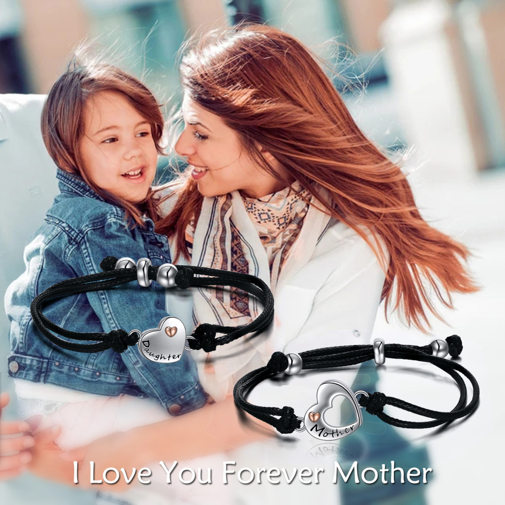 Sterling Silver Two-tone Heart Mother & Daughter Couple Charm Bracelet with Black Leather Chain-3