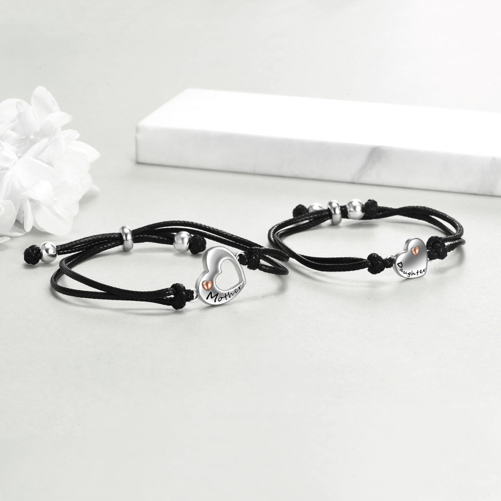 Sterling Silver Two-tone Heart Mother & Daughter Couple Charm Bracelet with Black Leather Chain-4