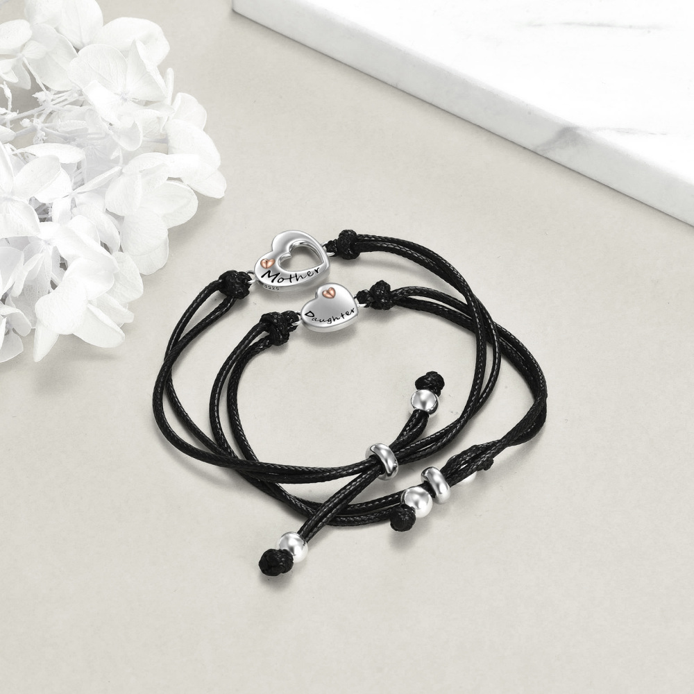Sterling Silver Two-tone Heart Mother & Daughter Couple Charm Bracelet with Black Leather Chain-5