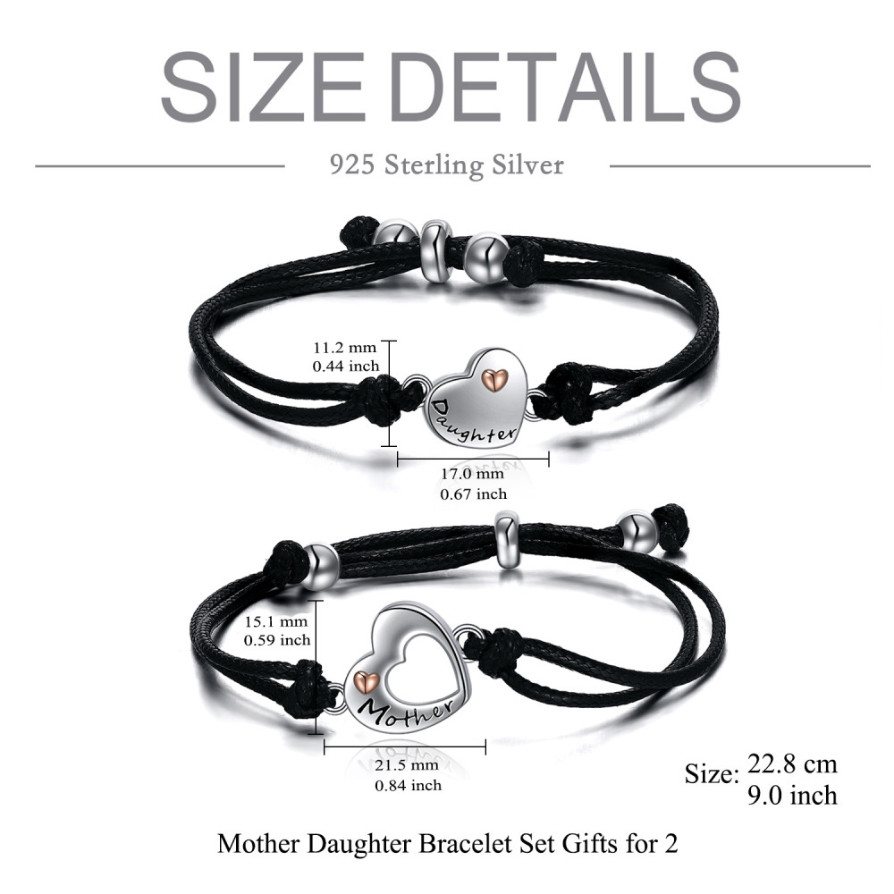 Sterling Silver Two-tone Heart Mother & Daughter Couple Charm Bracelet with Black Leather Chain-6