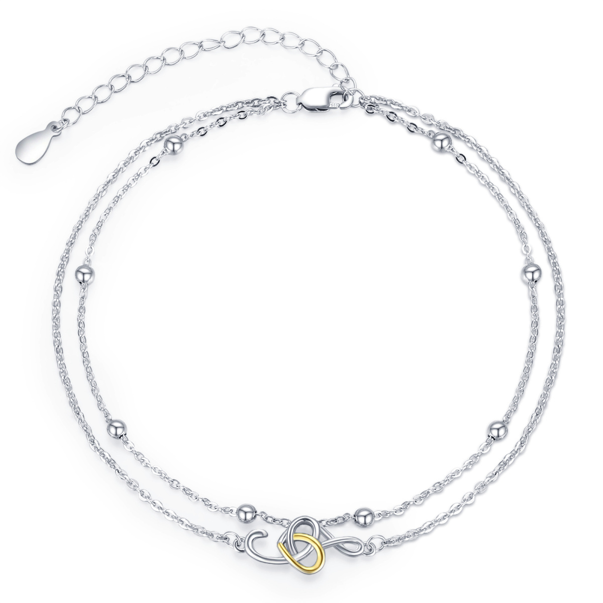 Bracelet de cheville à chaîne multicouche en forme de cœur bicolore en argent sterling-1