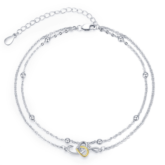 Sterling Silver Two-tone Heart Multi-layered Chain Anklet