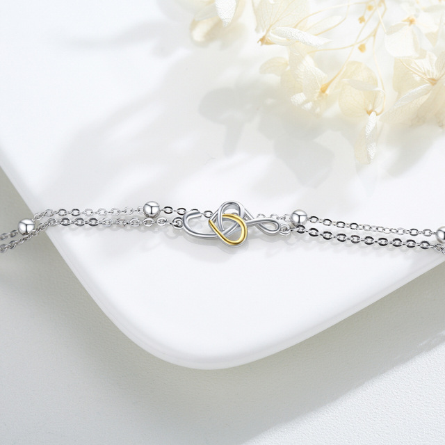 Sterling Silver Two-tone Heart Multi-layered Chain Anklet-3