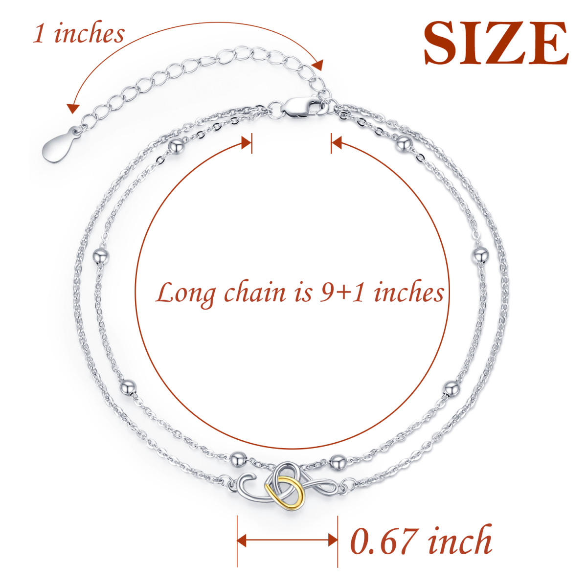 Sterling Silver Two-tone Heart Multi-layered Chain Anklet-4