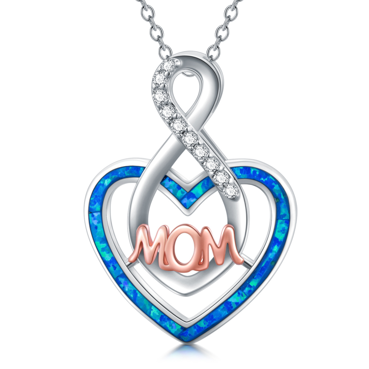 Collana con ciondolo madre in argento sterling con cuore bicolore in zirconia cubica e opale-1