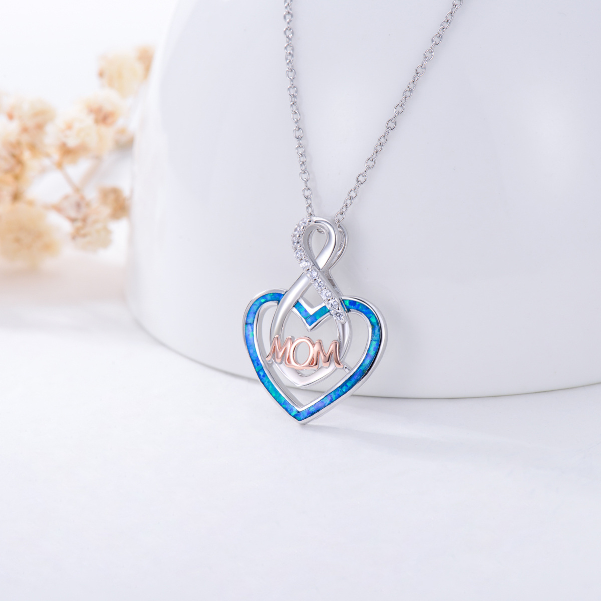 Collana con ciondolo madre in argento sterling con cuore bicolore in zirconia cubica e opale-3