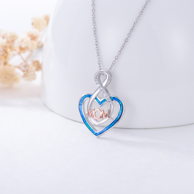 Sterling Silver Two-tone Heart Cubic Zirconia & Opal Mother Pendant Necklace-3