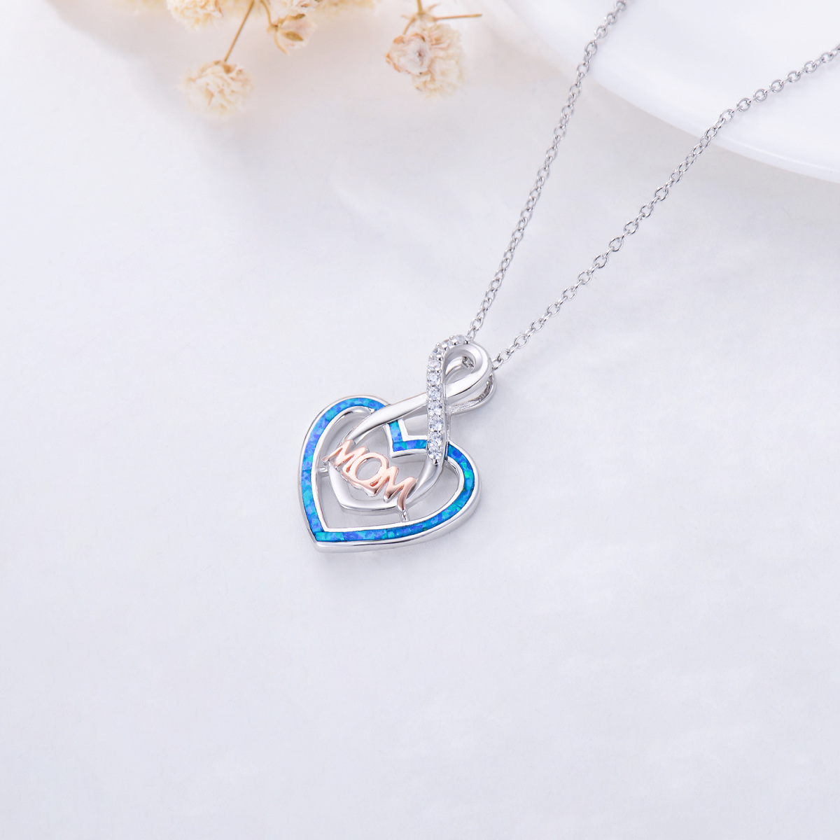 Collana con ciondolo madre in argento sterling con cuore bicolore in zirconia cubica e opale-4