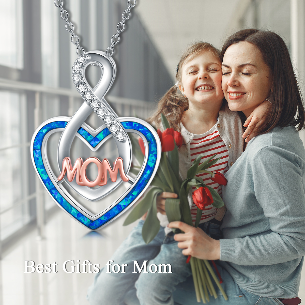 Collana con ciondolo madre in argento sterling con cuore bicolore in zirconia cubica e opale-6