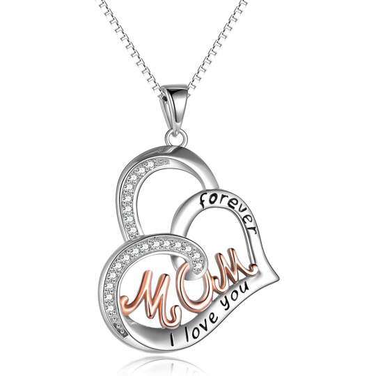 Sterling Silver Two-tone Cubic Zirconia Heart Pendant Necklace with Engraved Word