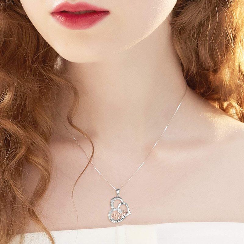 Sterling Silver Two-tone Cubic Zirconia Heart Pendant Necklace with Engraved Word-2