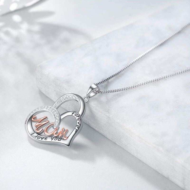 Sterling Silver Two-tone Cubic Zirconia Heart Pendant Necklace with Engraved Word-3