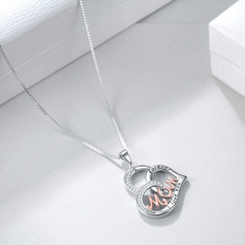 Sterling Silver Two-tone Cubic Zirconia Heart Pendant Necklace with Engraved Word-4