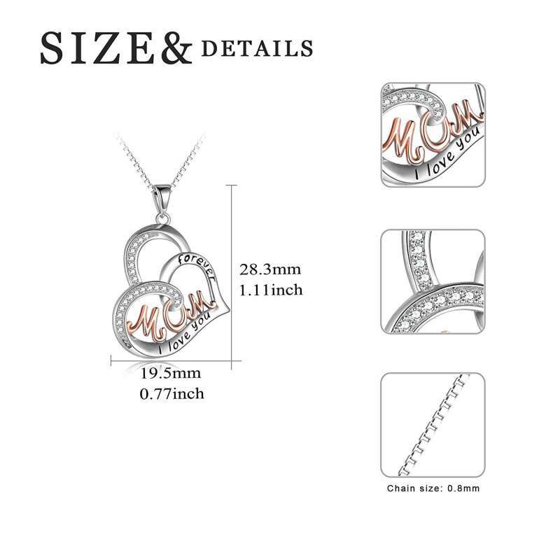 Sterling Silver Two-tone Cubic Zirconia Heart Pendant Necklace with Engraved Word-5
