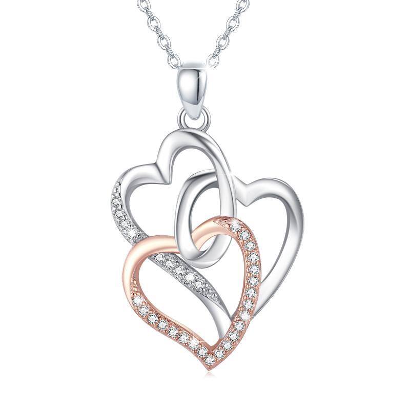 Sterling Silver Two-tone Cubic Zirconia Heart Pendant Necklace-1