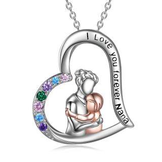 Sterling Silver Two-tone Cubic Zirconia Heart Pendant Necklace with Engraved Word-5