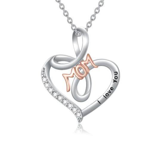 Sterling Silver Two-tone Heart Pendant Necklace with Engraved Word