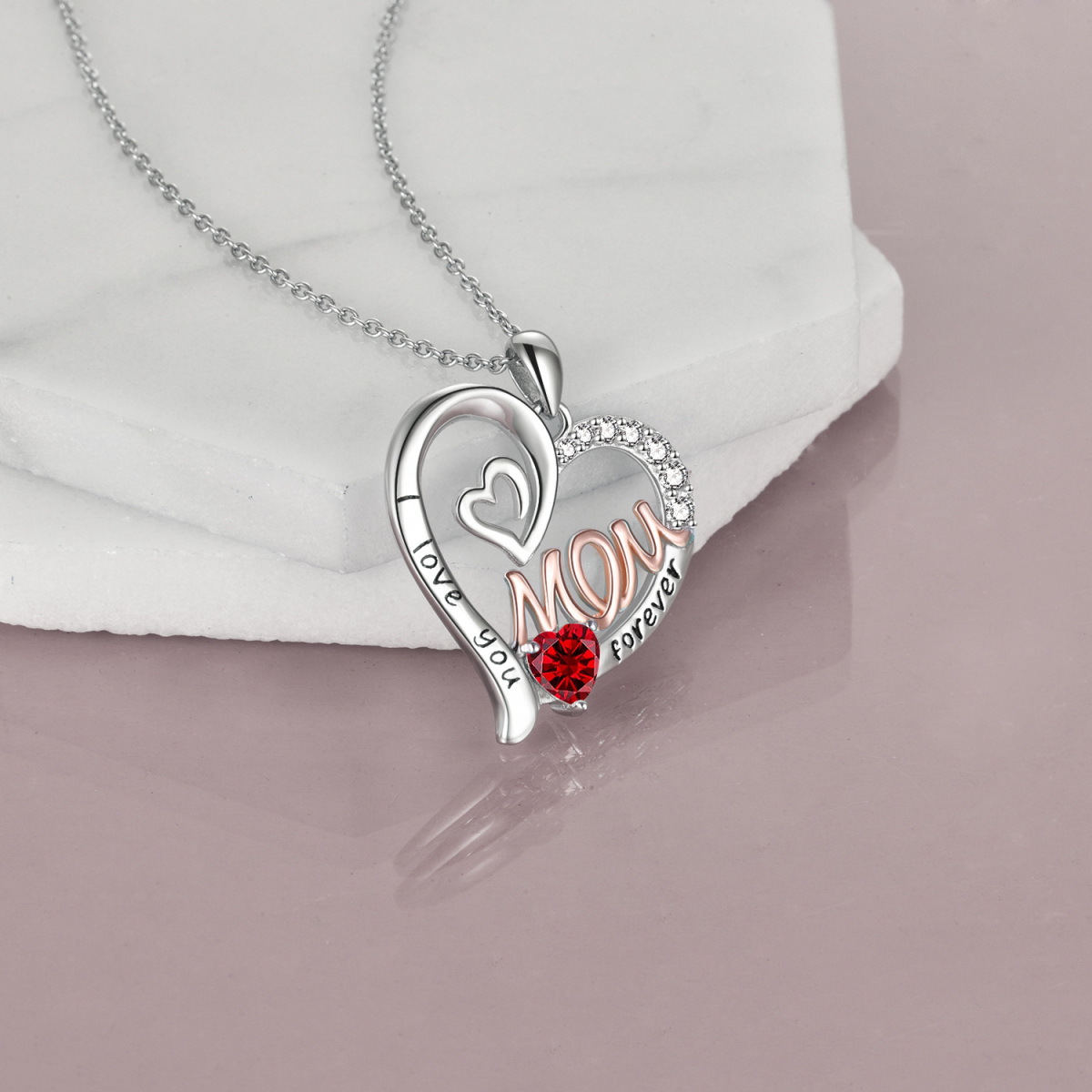 Sterling Silver Two-tone Cubic Zirconia Heart Pendant Necklace with Engraved Word-3