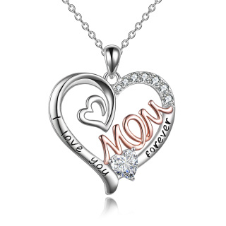 Sterling Silver Two-tone Cubic Zirconia Heart Engraved Necklace for Women-59