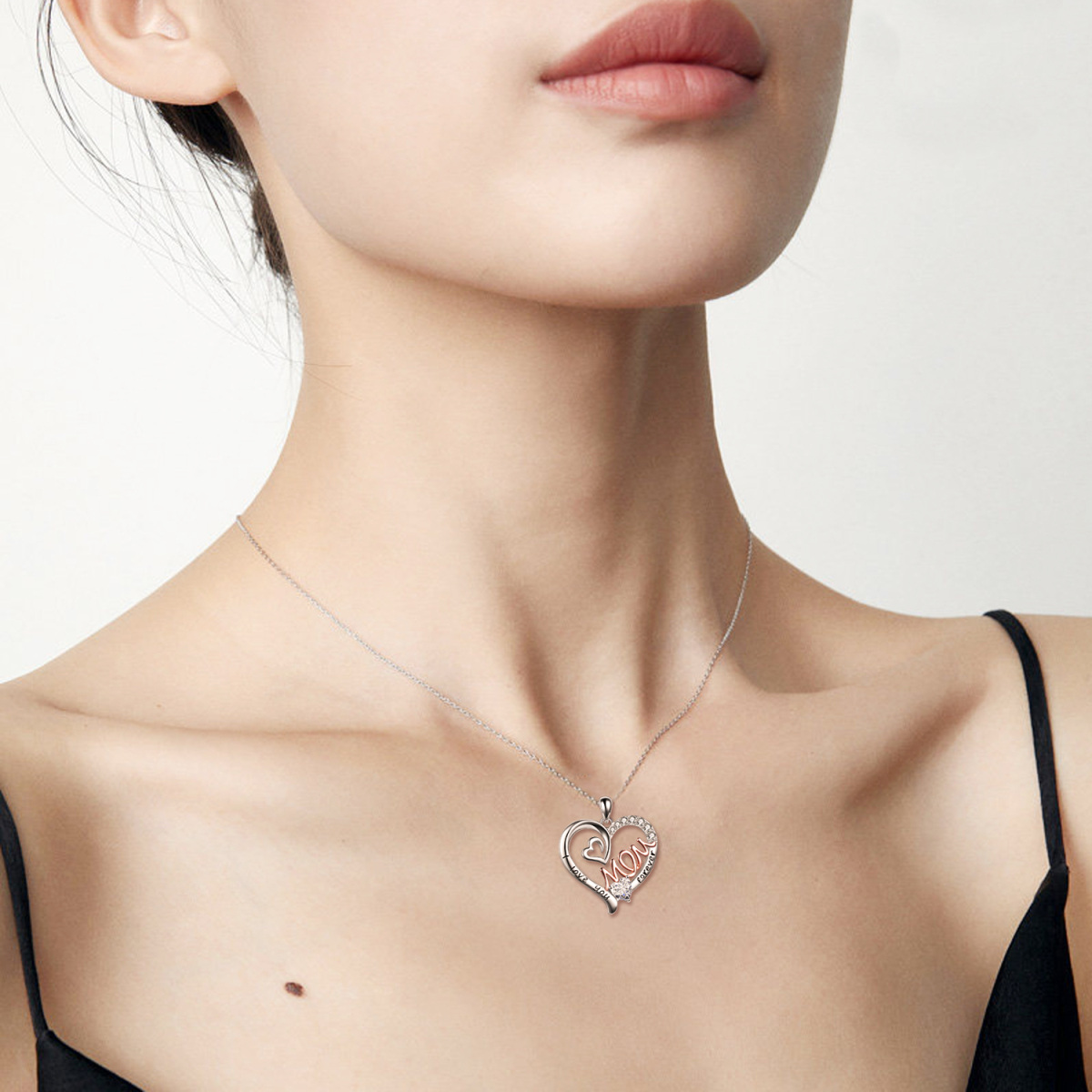 Collar de plata de ley con corazón grabado y circonita cúbica de dos tonos para mujer-2