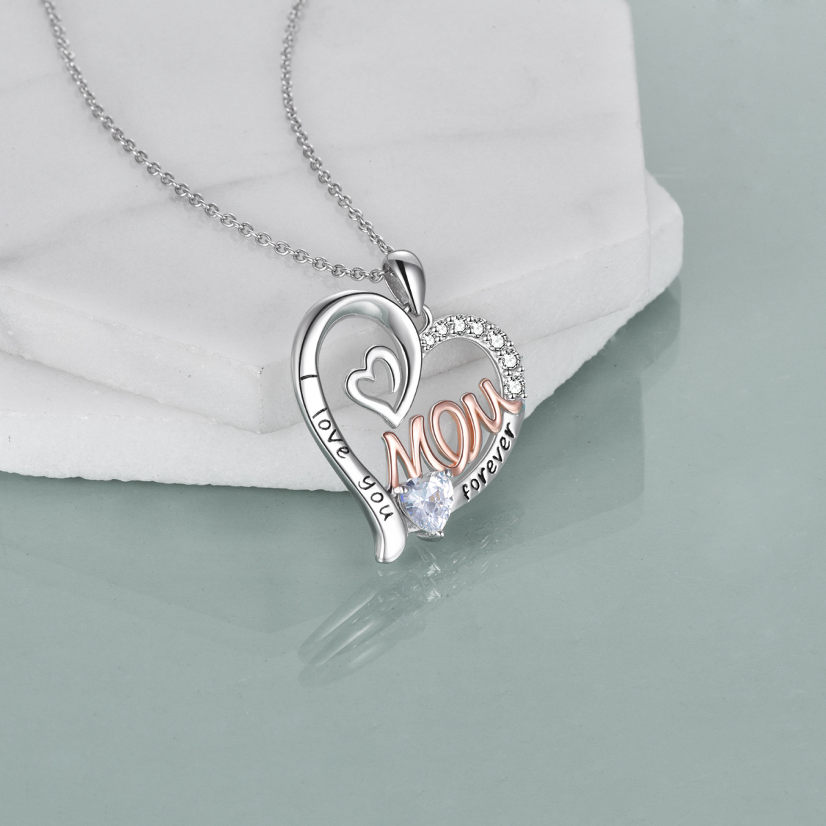 Collar de plata de ley con corazón grabado y circonita cúbica de dos tonos para mujer-3