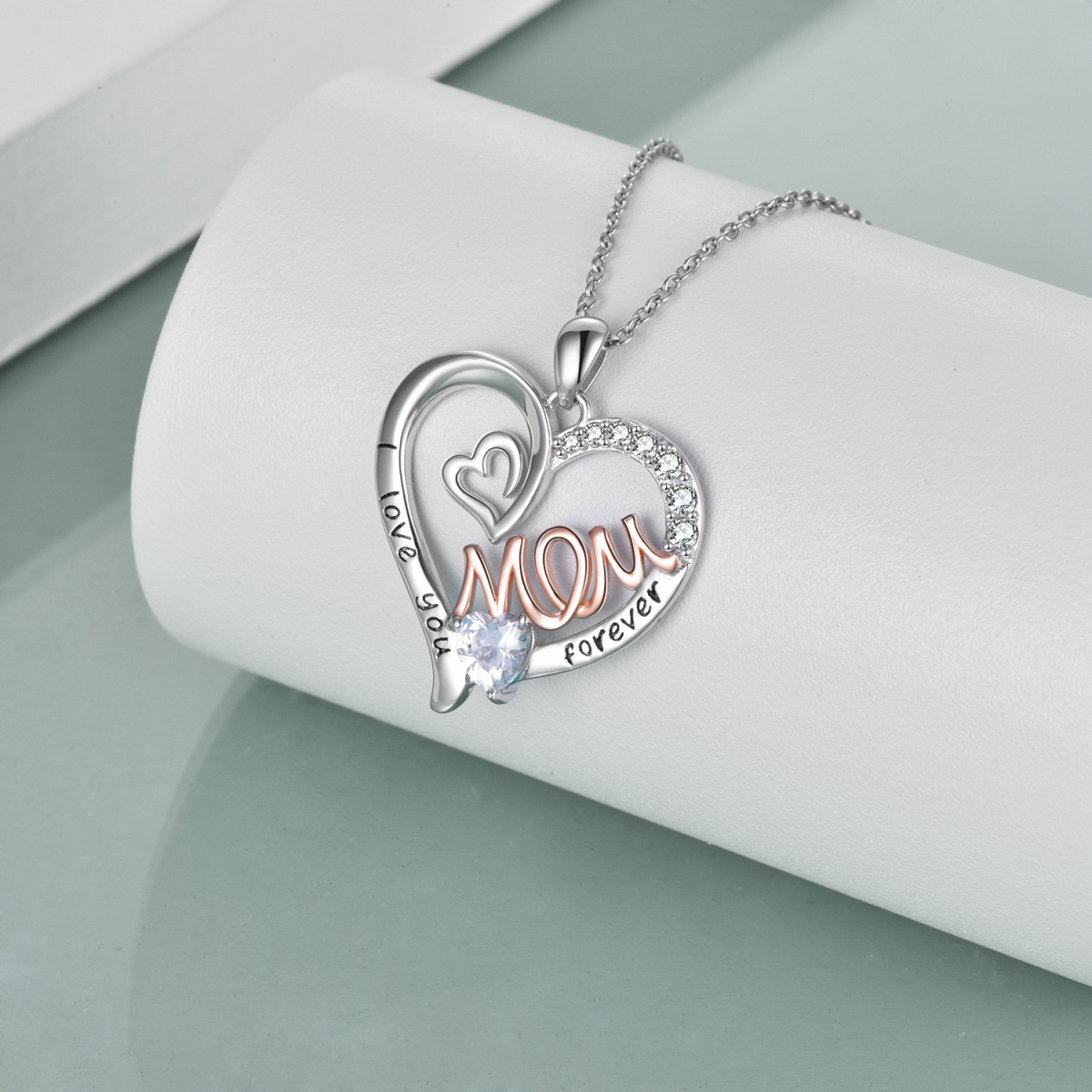 Collar de plata de ley con corazón grabado y circonita cúbica de dos tonos para mujer-4