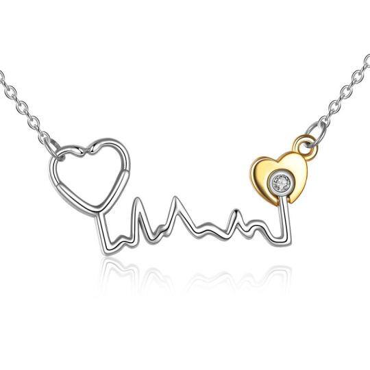 Sterling Silver Two-tone Cubic Zirconia Heart Pendant Necklace