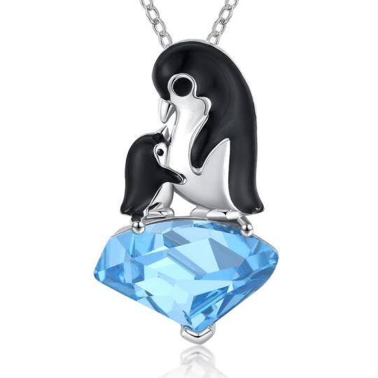 Sterling Silver Two-tone Heart Cubic Zirconia Penguin Mom & Baby Pendant Necklace