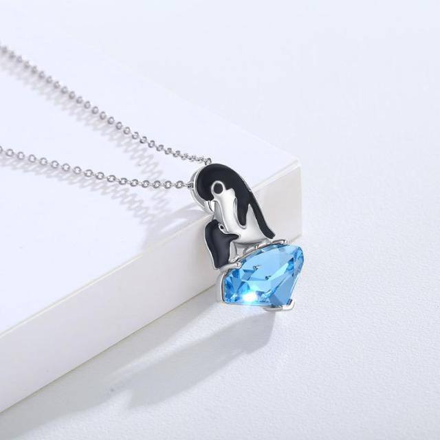 Plata de ley de dos tonos Corazón Zirconia Cúbica Pingüino Mamá y Bebé Collar Colgante-3