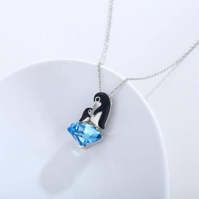 Plata de ley de dos tonos Corazón Zirconia Cúbica Pingüino Mamá y Bebé Collar Colgante-4