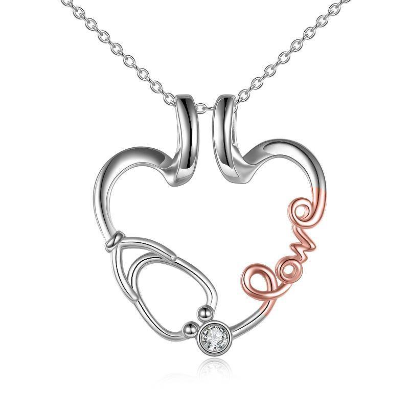 Sterling Silver Two-Tone Cubic Zirconia Ring Holder With Stethoscope Heart Pendant Necklace With Engraved Word For Women-1