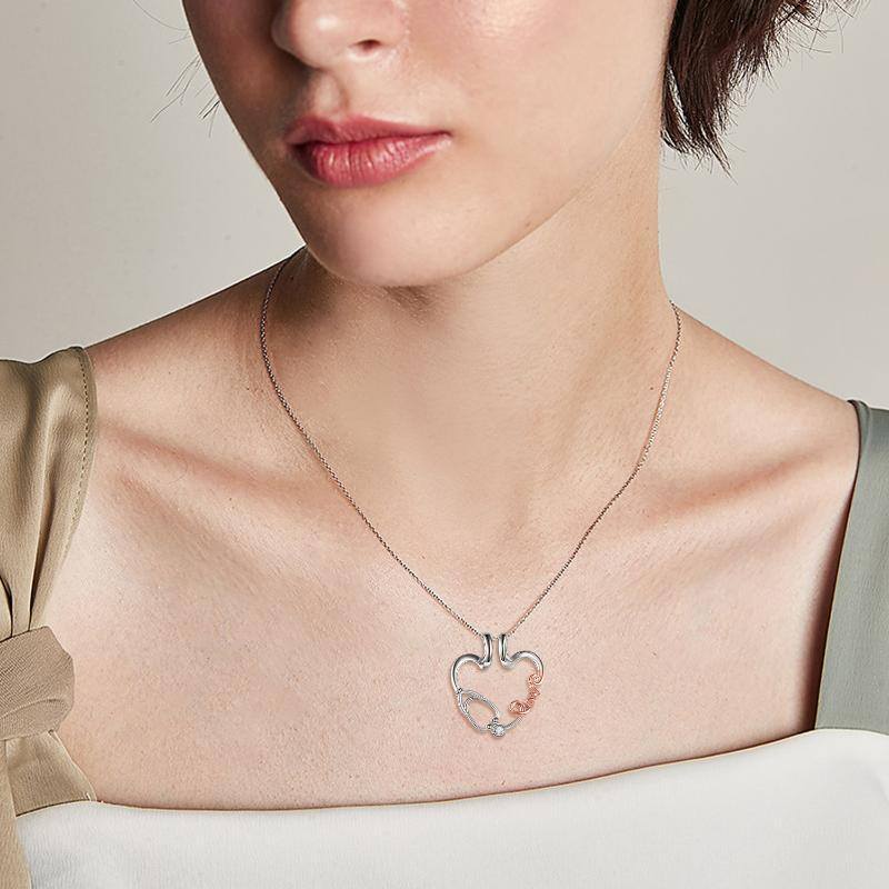 Sterling Silver Two-Tone Cubic Zirconia Ring Holder With Stethoscope Heart Pendant Necklace With Engraved Word For Women-2