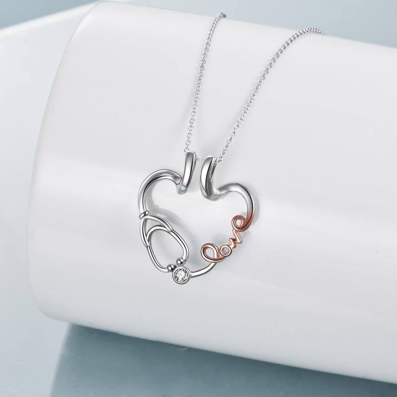 Sterling Silver Two-Tone Cubic Zirconia Ring Holder With Stethoscope Heart Pendant Necklace With Engraved Word For Women-4